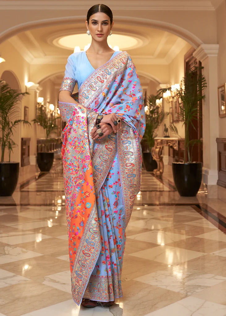 Multi Color Cloud Blue Woven Kashmiri Saree