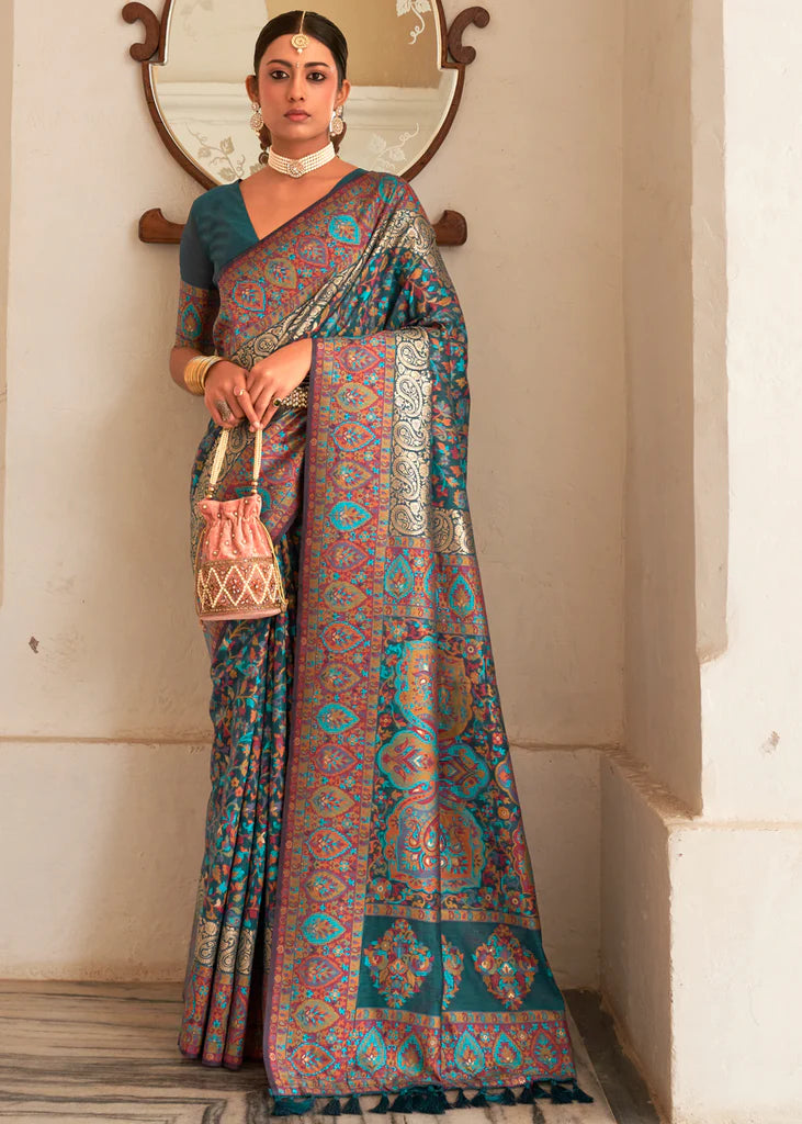 Teal Blue Woven Designer Kashmiri Saree And Blouse