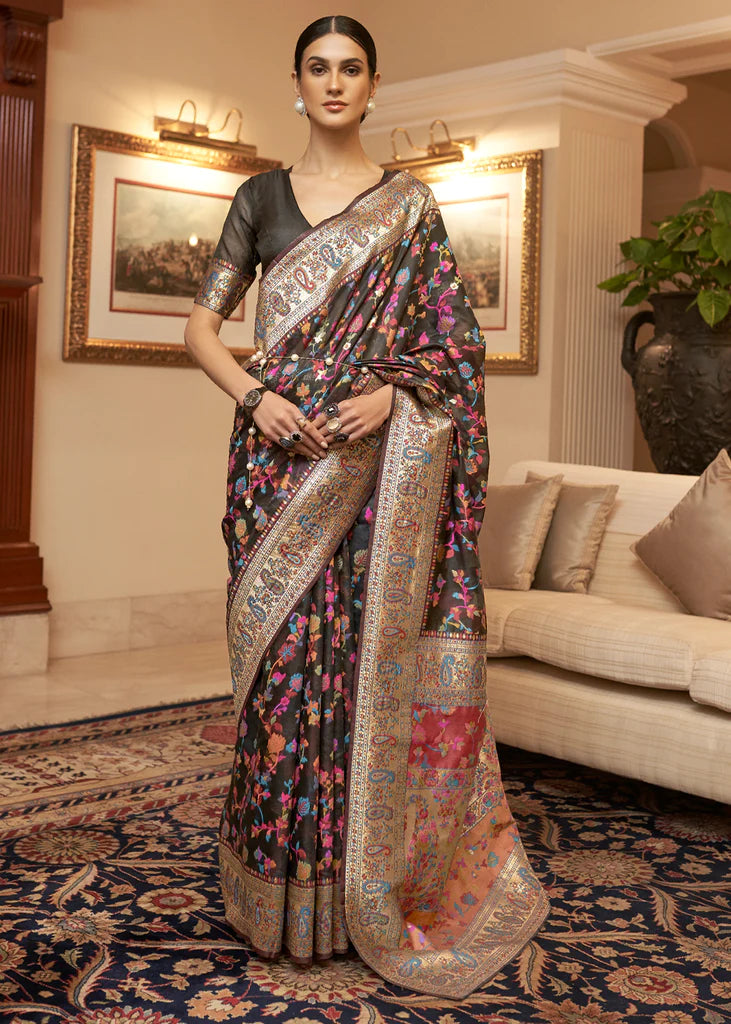 Multi Color Royal Black Woven Kashmiri Saree