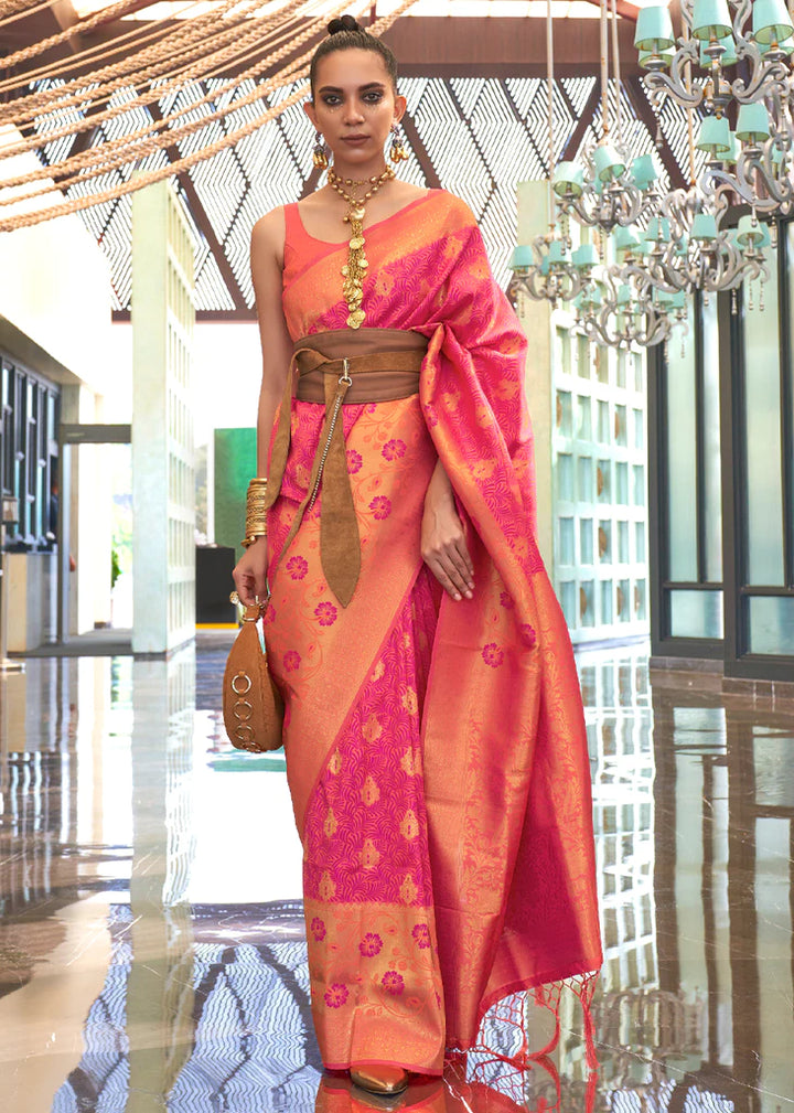 Hot Pink And Orange Handloom Woven Silk Saree