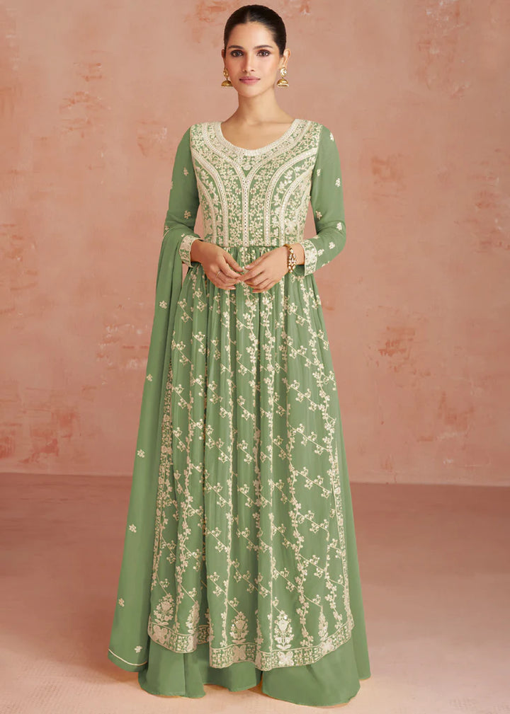 Dusky Green Designer Embroidery Georgette Dress