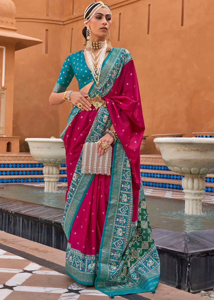 Magenta Pink And Blue Designer Patola Saree