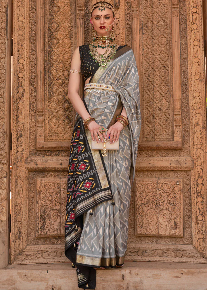 Royal Black Grey Designer Patola Saree