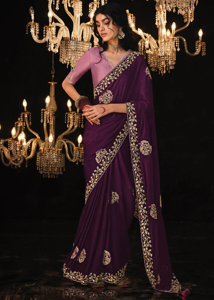 Rich Purple Tissue Embroidery Designer Saree