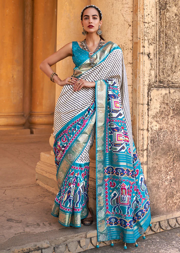 Light Blue Designer Silk Patola Saree With Blouse