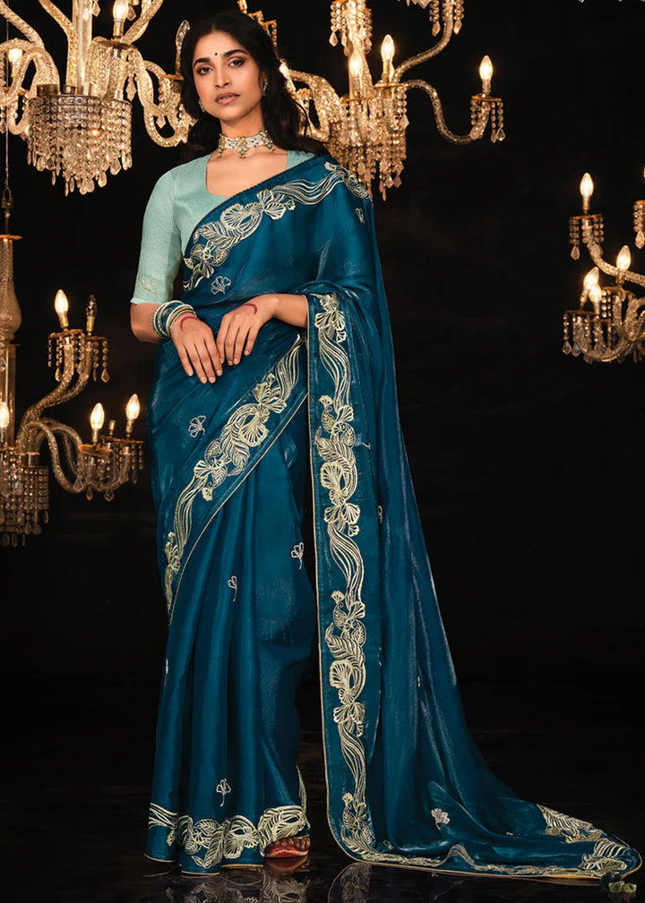 Coral Blue Heavy Embroidery Designer Saree