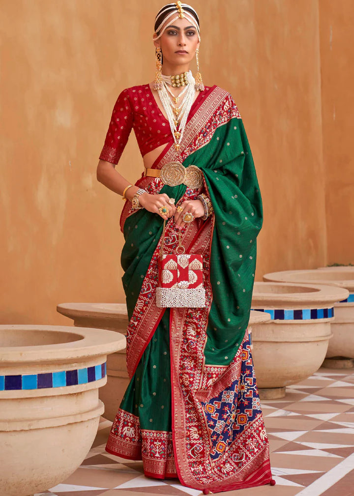 Forest Green And Red Designer Patola Saree