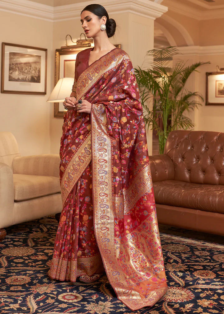 Multi Color Maroon Woven Kashmiri Saree