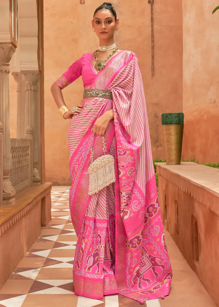 Hot Pink Designer Silk Patola Saree With Blouse