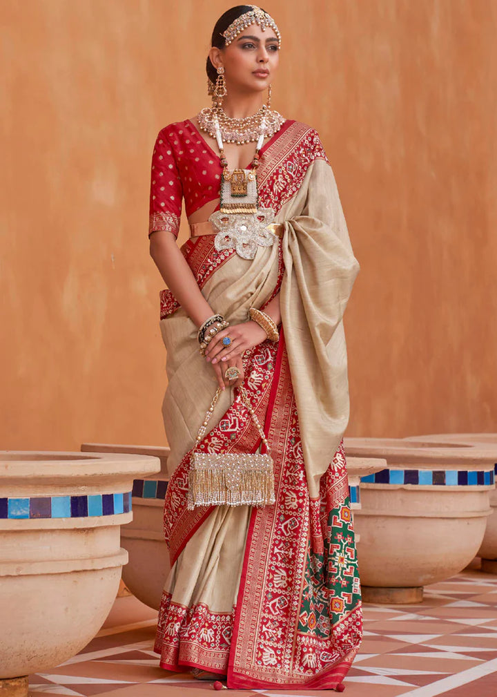 Beige And Red Designer Patola Saree