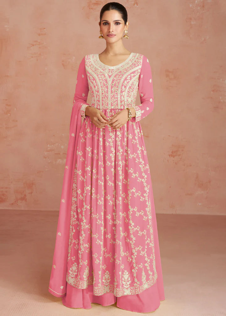 Sweet Pink Designer Embroidery Georgette Dress