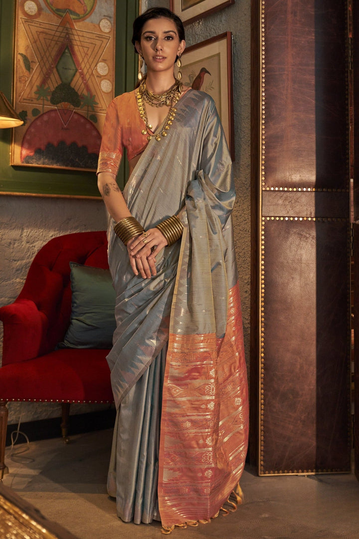 Light Grey Woven Tussar Silk Saree with contrast blouse