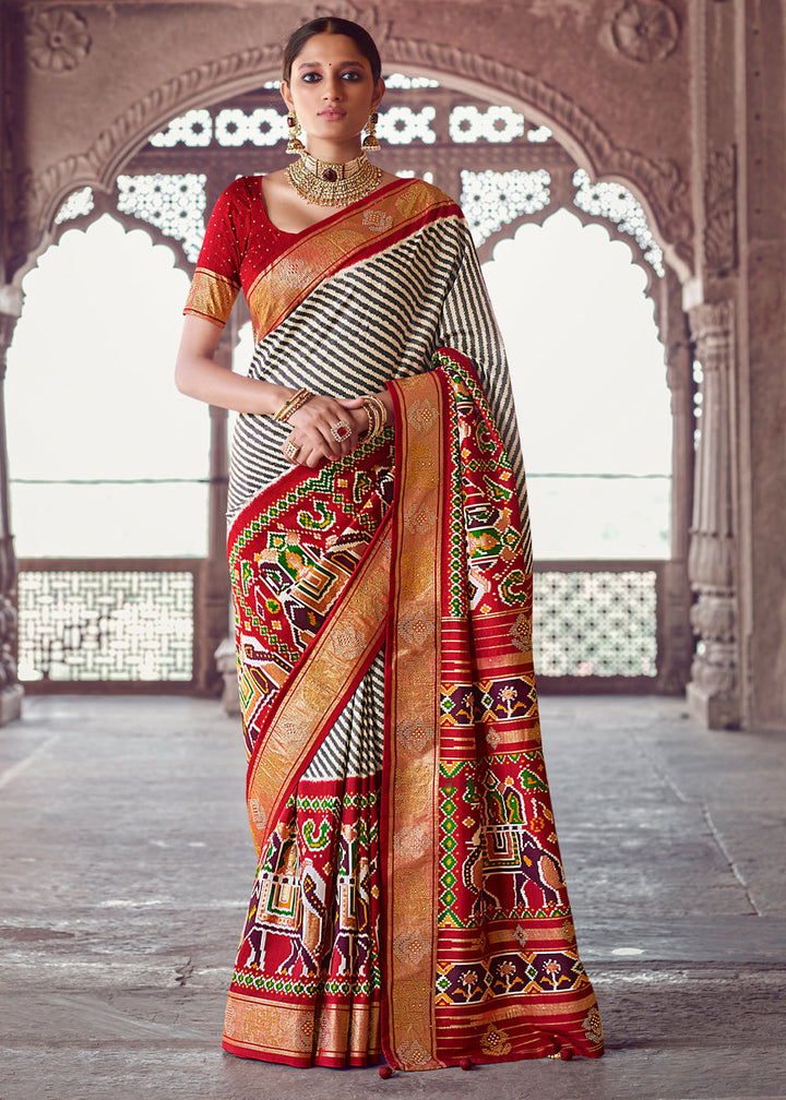 Stunning Red And Grey And Pink Designer Patola Saree