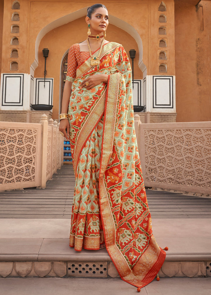 Beige and Red Designer Patola Silk Saree