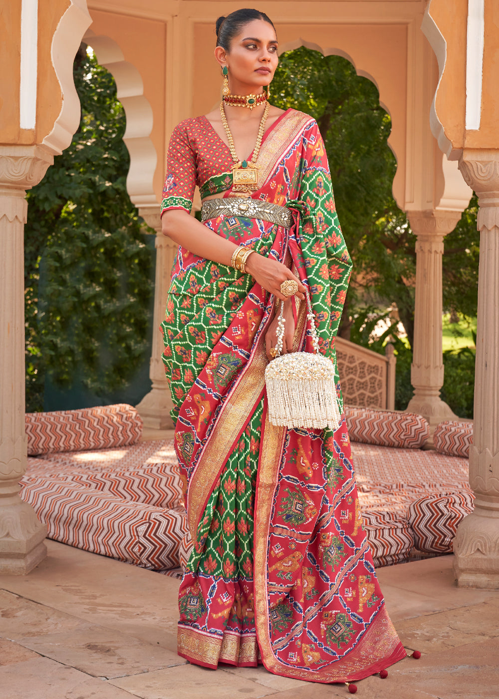 Green and Red Designer Patola Silk Saree