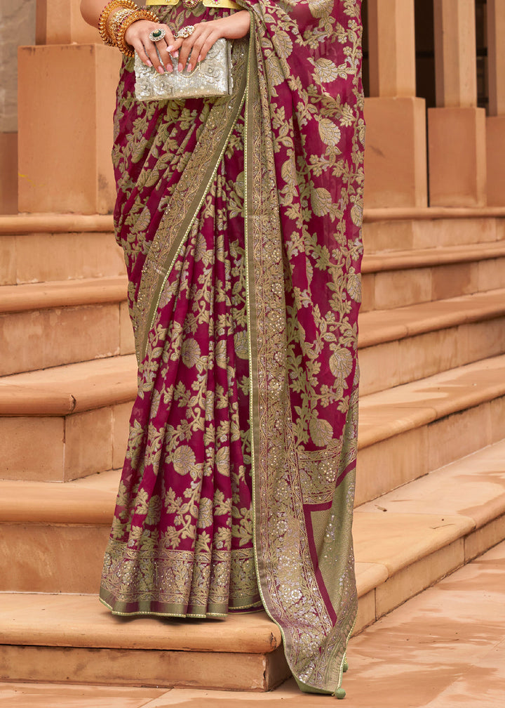 Wine Purple Woven Brasso Silk Saree With Blouse