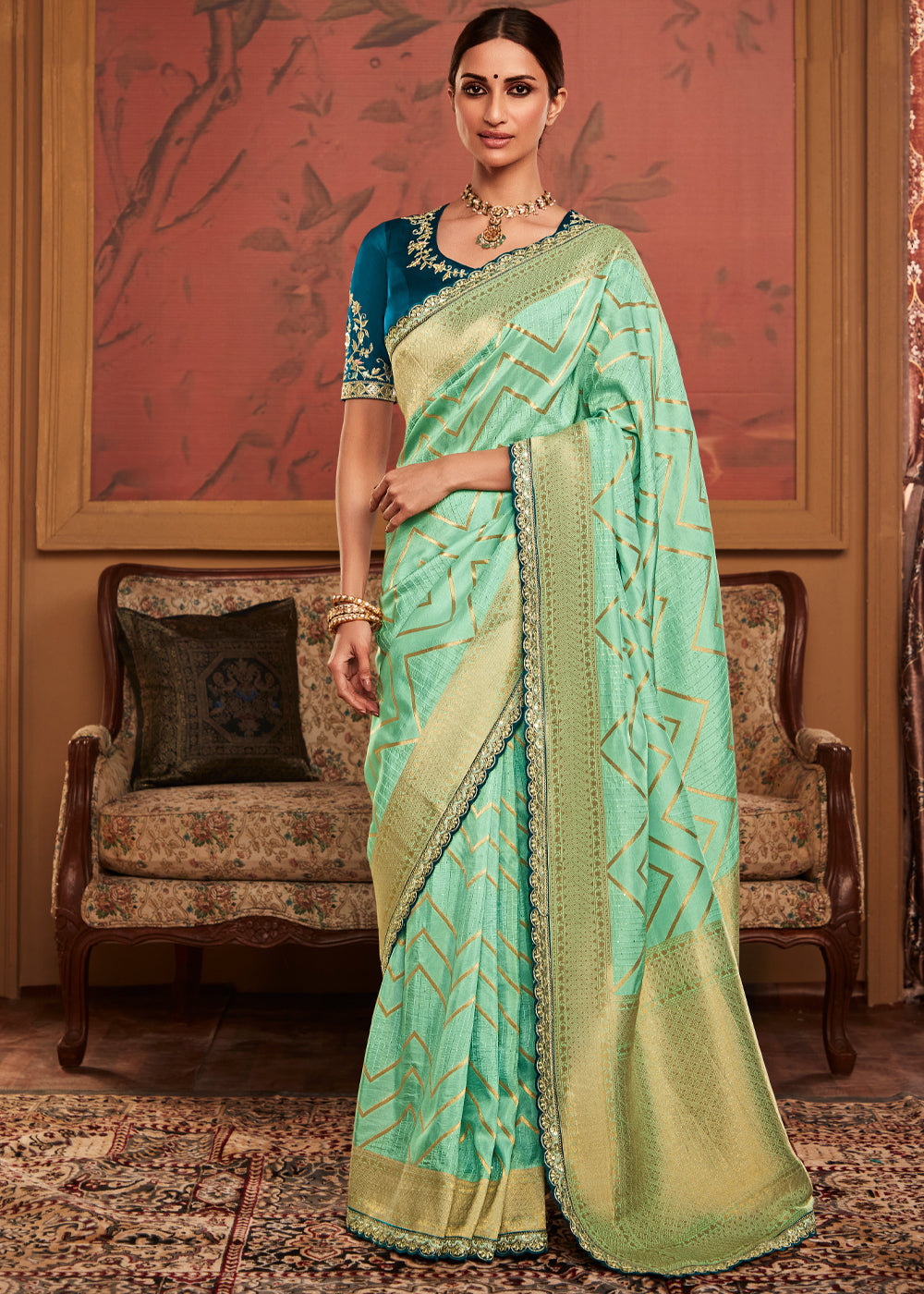 Pista Green Designer Soft Pure Dola Silk Saree