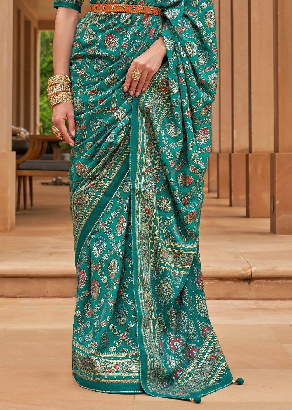 Teal Green Woven Brasso Silk Saree With Blouse