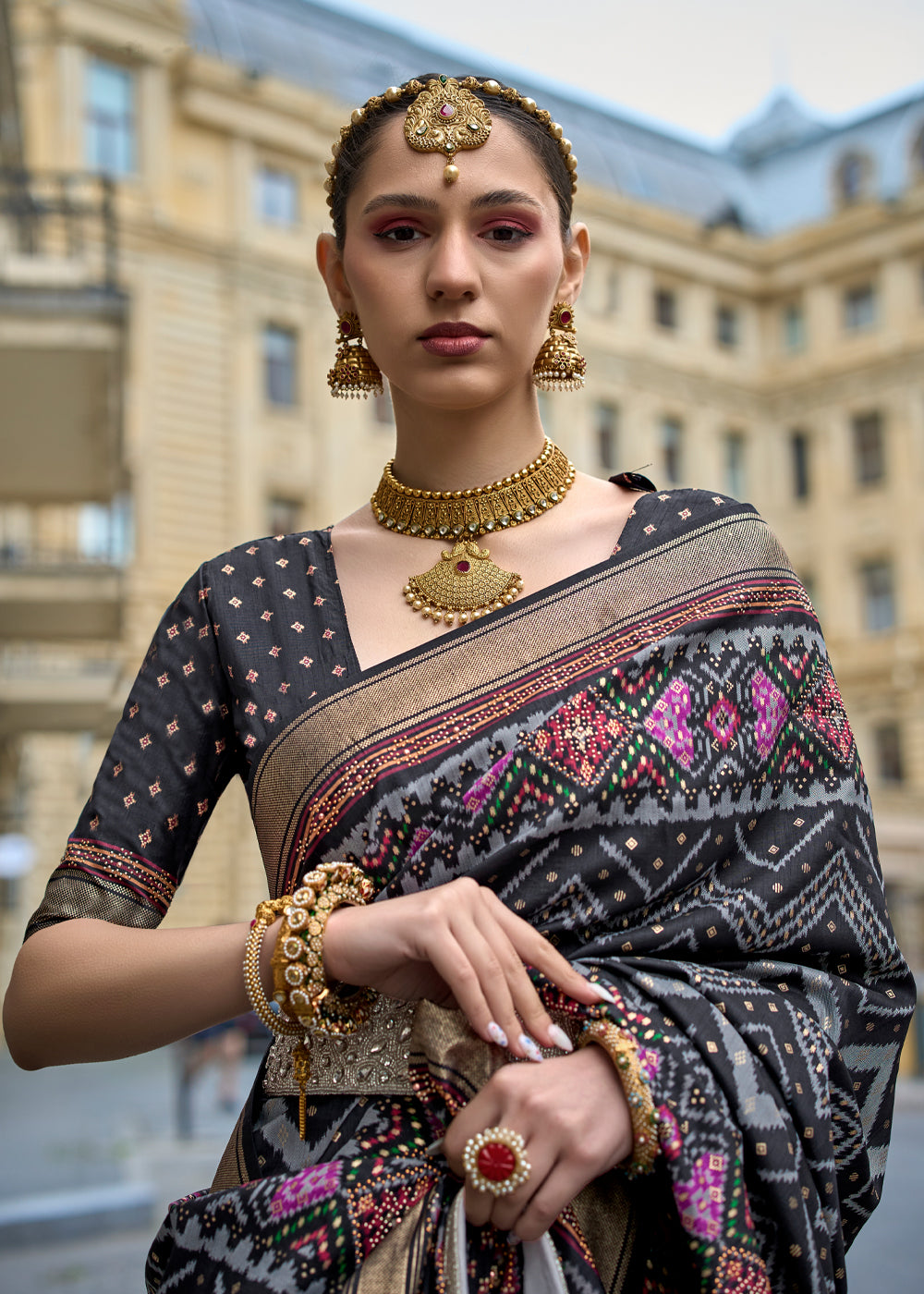 Dark Grey Printed Patola Saree With Contrast Blouse