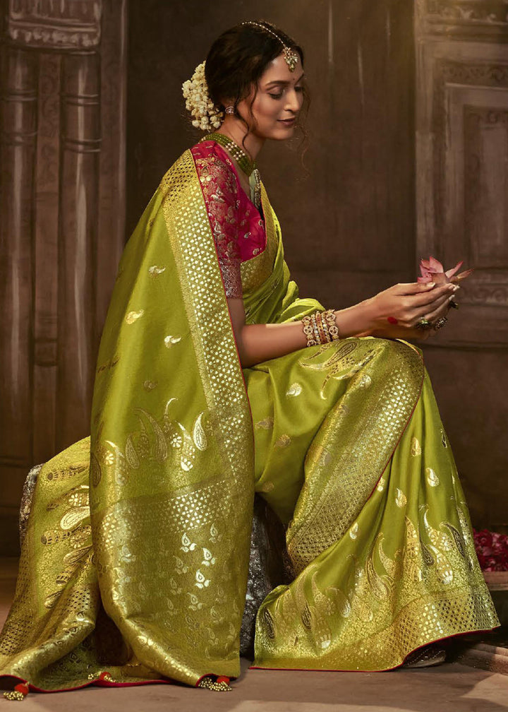 Beautiful Green Woven Pure Dola Silk Saree with Designer Purple Blouse