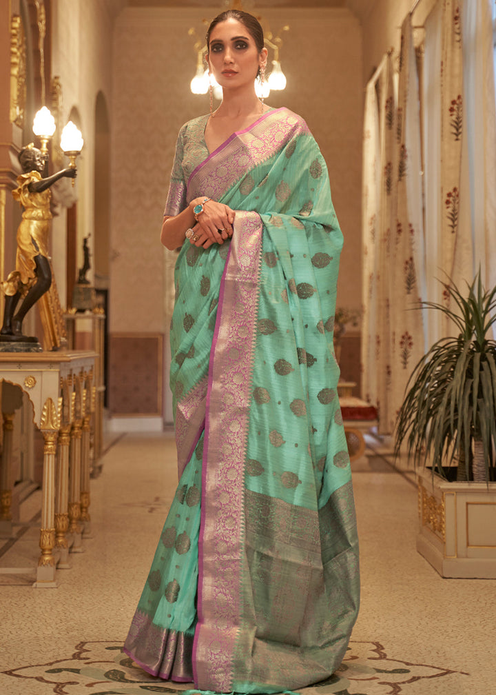 Sea Green Woven Tussar Silk Saree