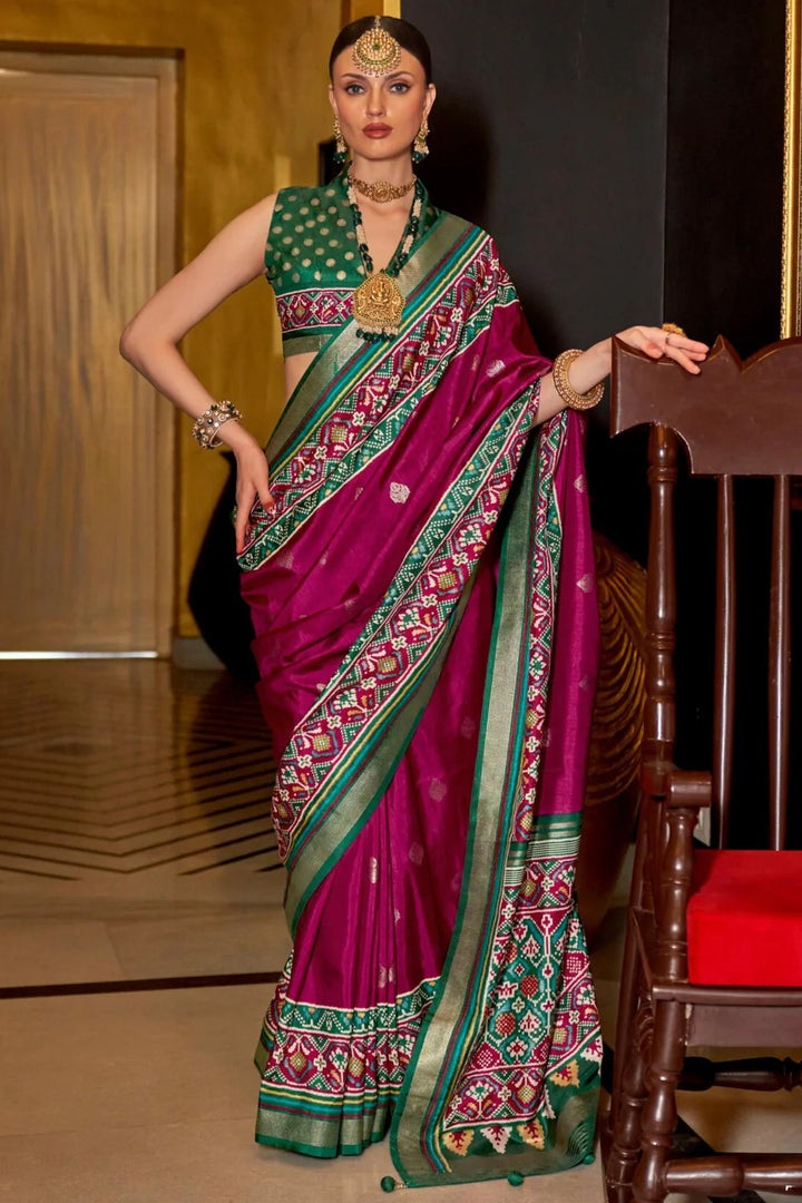 Dark Pink And Green Designer Patola Silk Saree