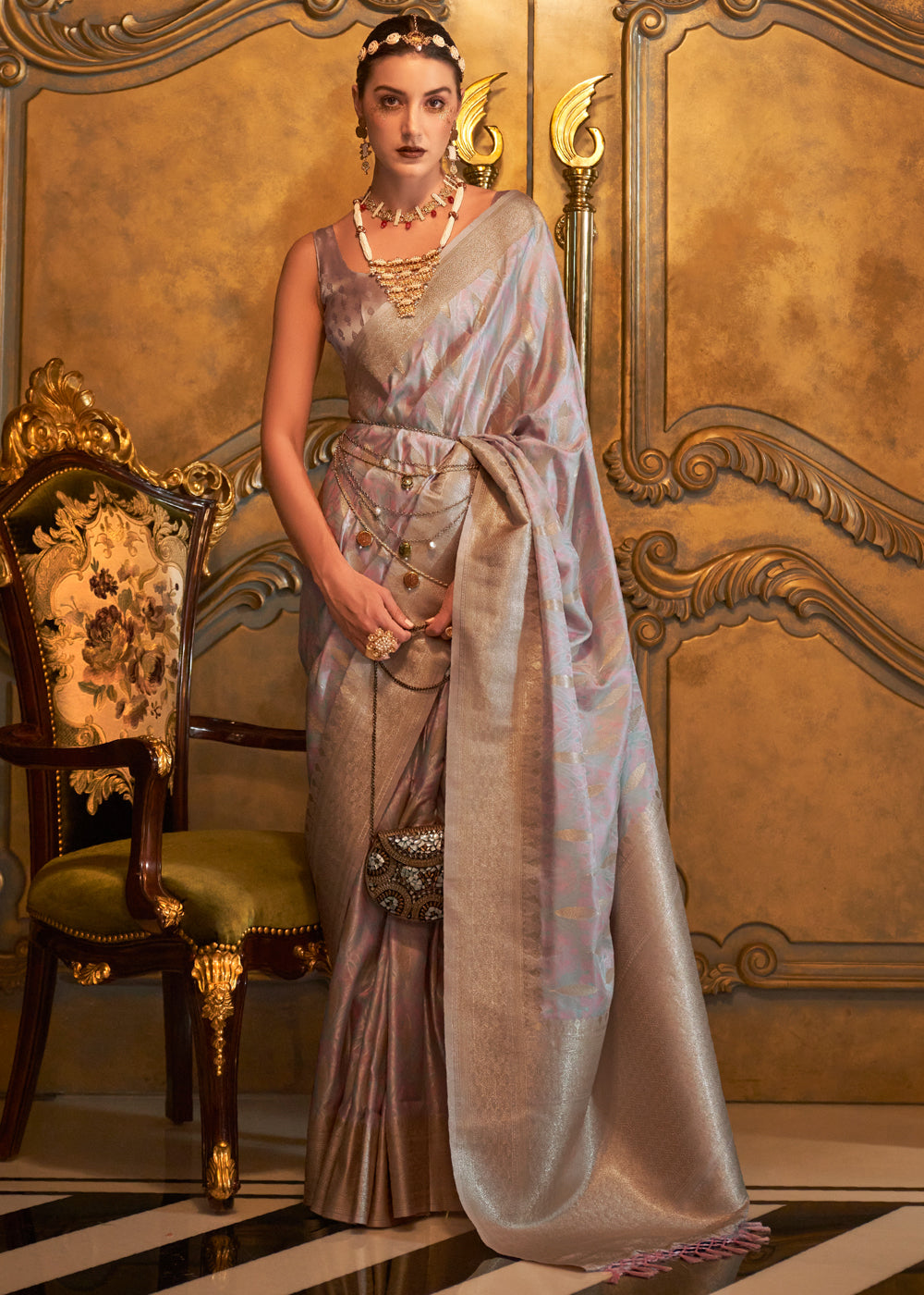 Light Grey Woven Banarasi Satin Silk Saree