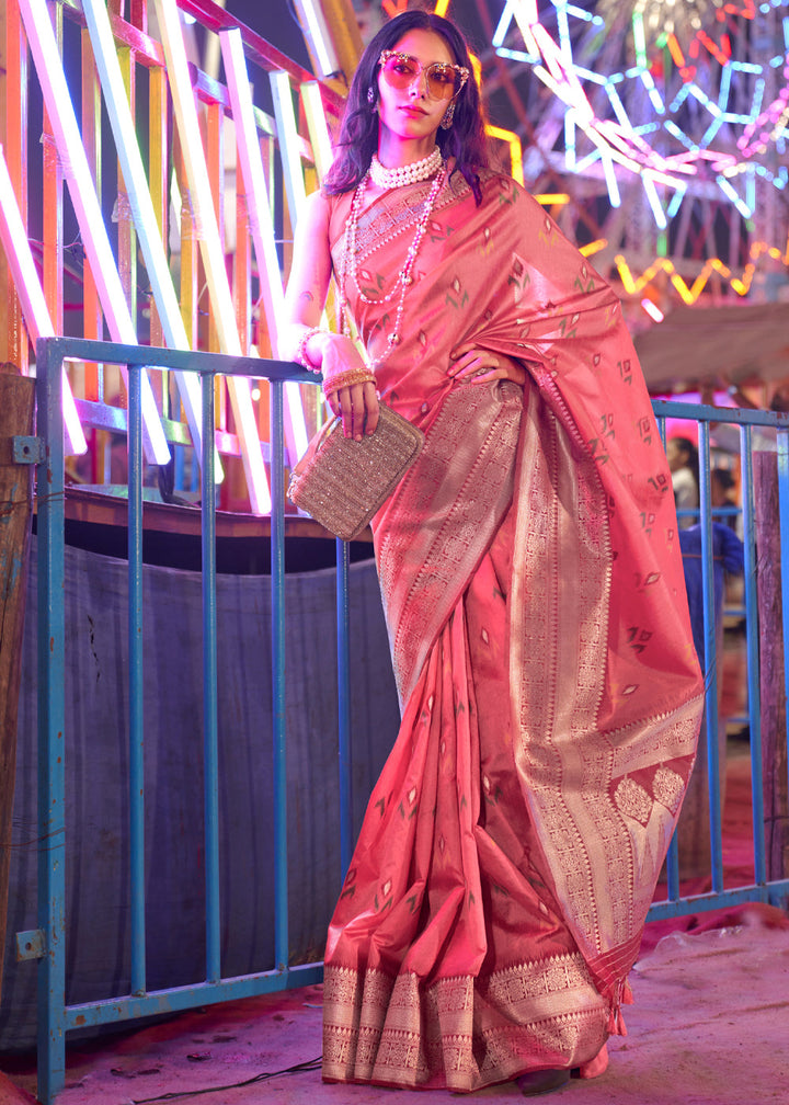 Sweet Pink Woven Banarasi Soft Silk Saree