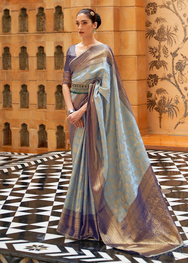 Silver Grey Woven Banarasi Silk Saree