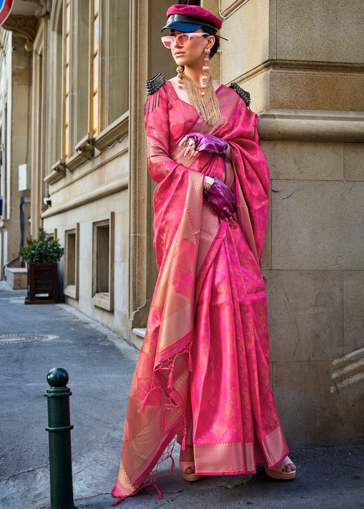 Magenta Pink Dual Tone Handloom Woven Organza Silk Saree