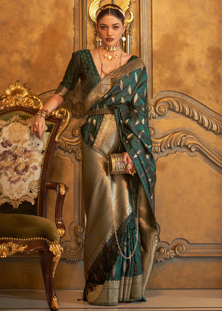 Dark Green Woven Banarasi Satin Silk Saree