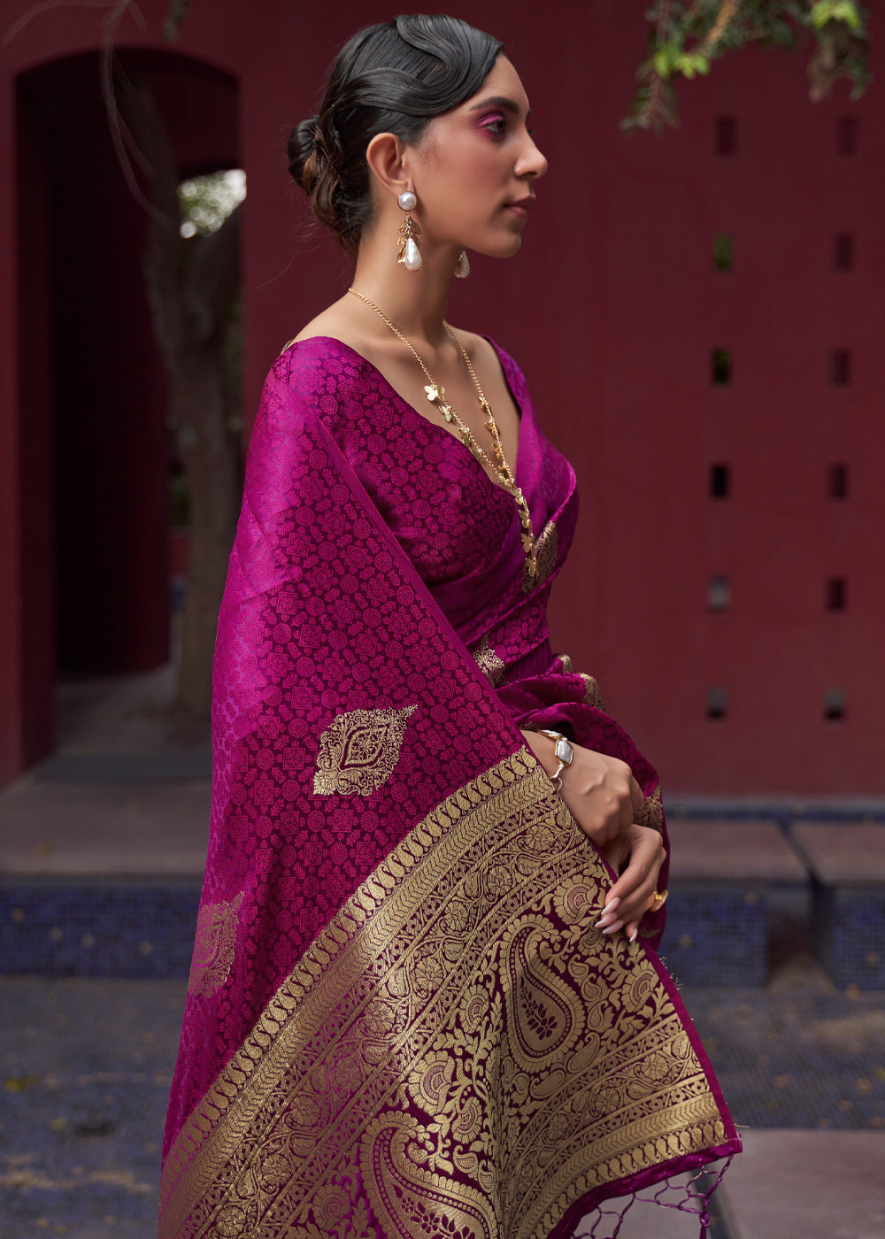 Magenta Purple Woven Banarasi Satin Silk Saree