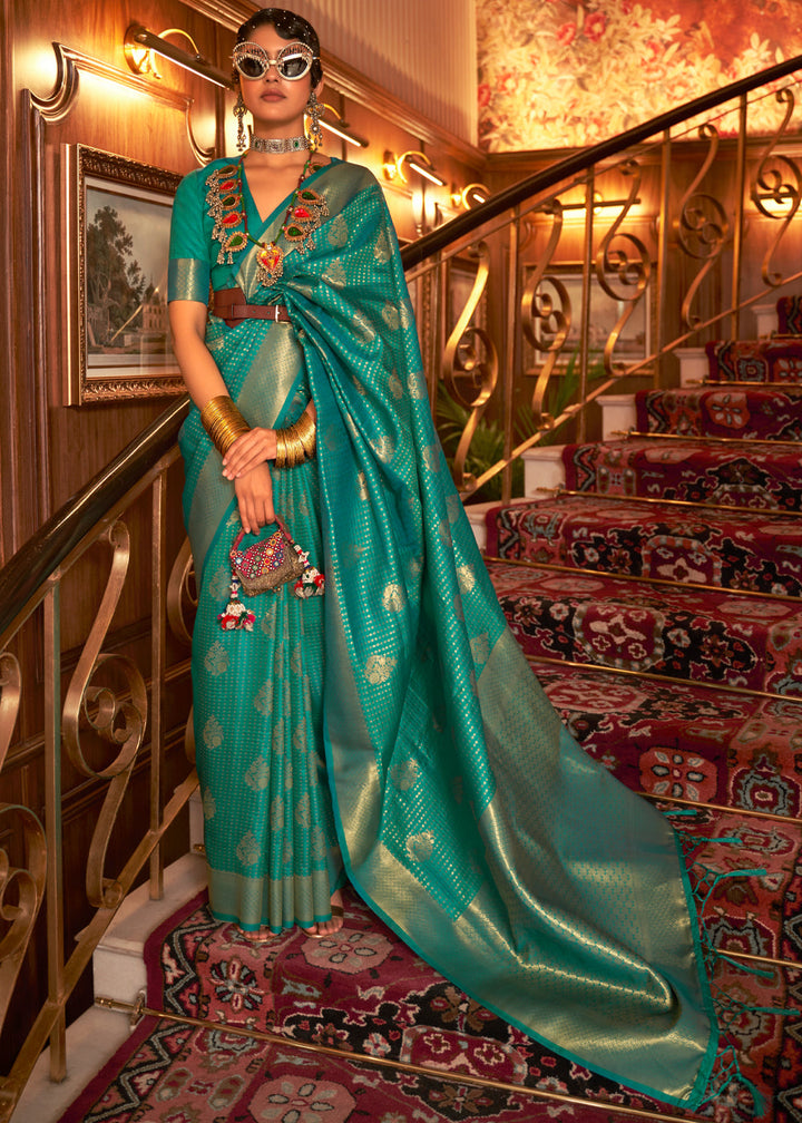 Emerald Green Nylon Chinon Two Tone Weaving Silk Saree