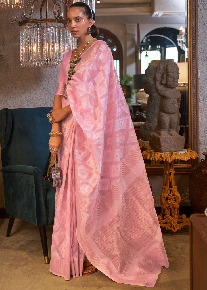 Flamingo Pink Linen Handloom Weaving Saree