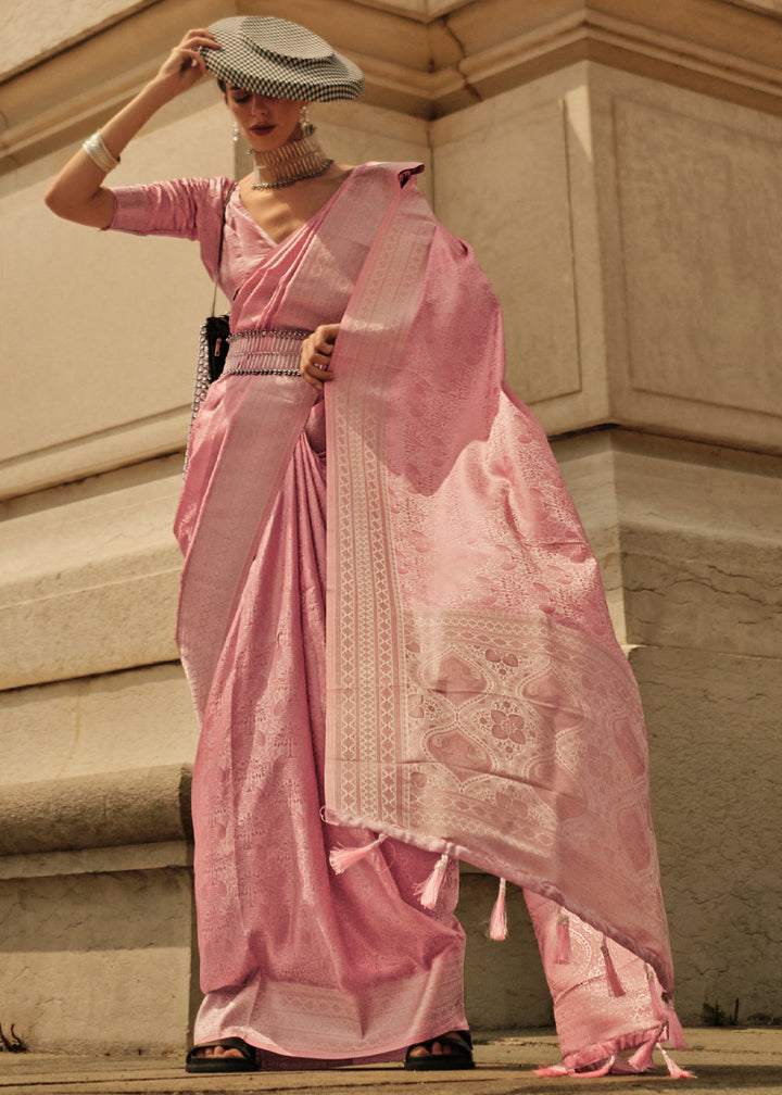 Sweet Pink Satin Handloom Weaving Silk Saree