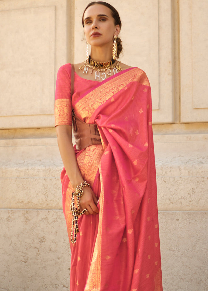 Peach Pink Handloom Weaving khadi silk saree