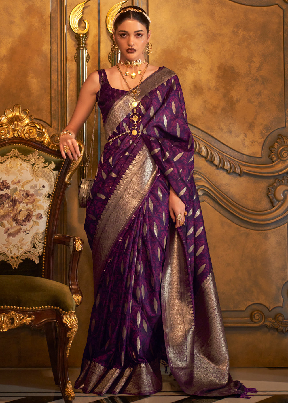 Purple Woven Banarasi Satin Silk Saree