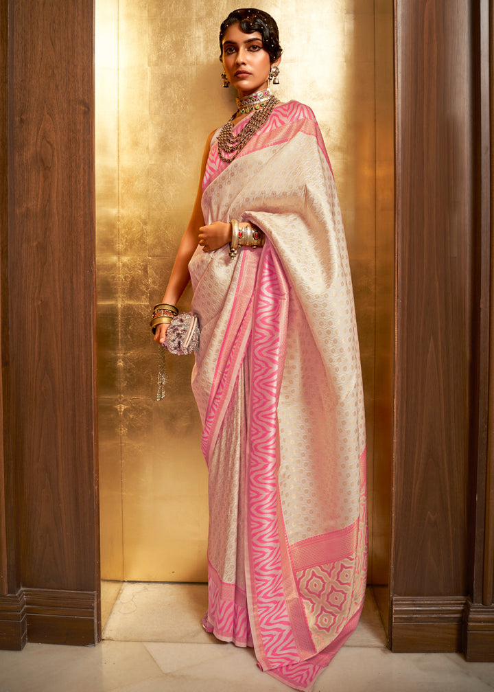 Off White/Pink  Woven Banarasi Silk Saree