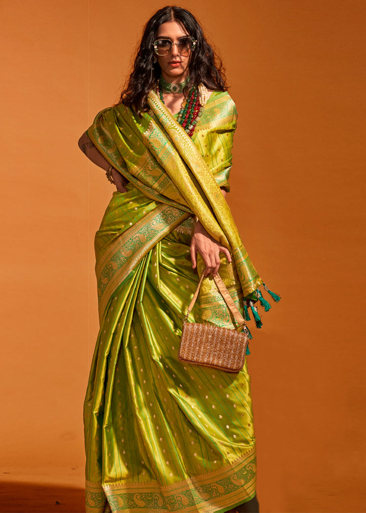 Lime green Banarasi Satin Weaving Silk Saree