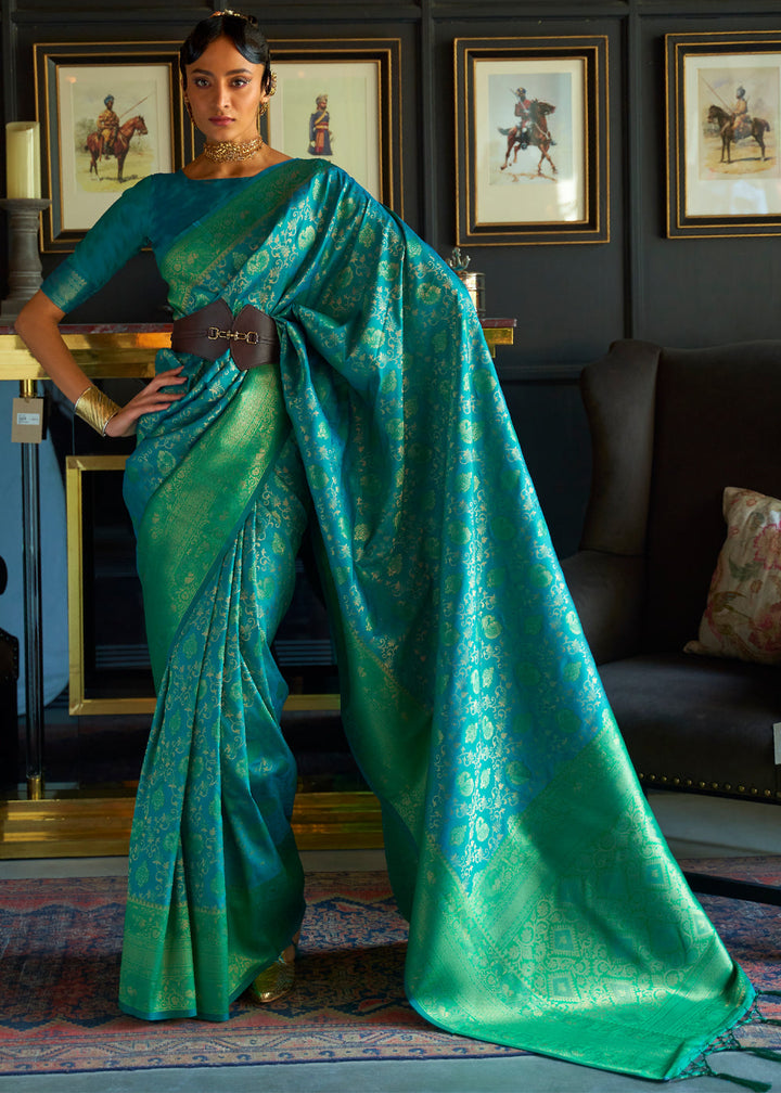 Sea Blue Handloom Weaving Silk Saree