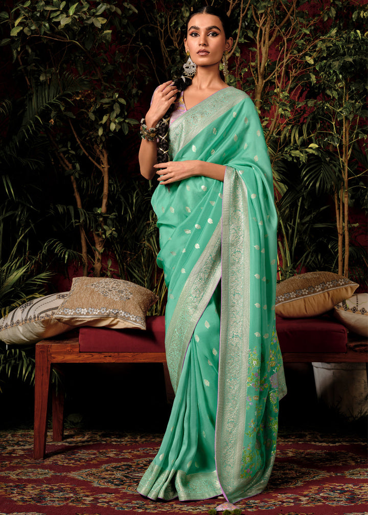 Aquamarine Green Woven Dola Silk Saree with Blouse