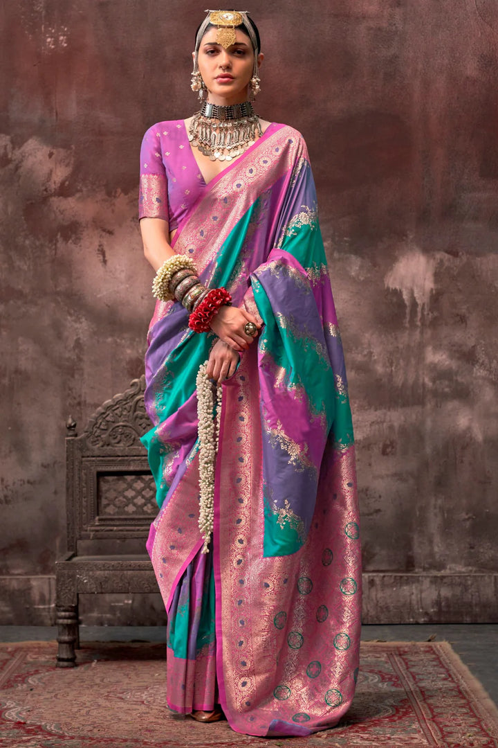 Purple And Aqua Blue Handloom Weaving Silk Saree