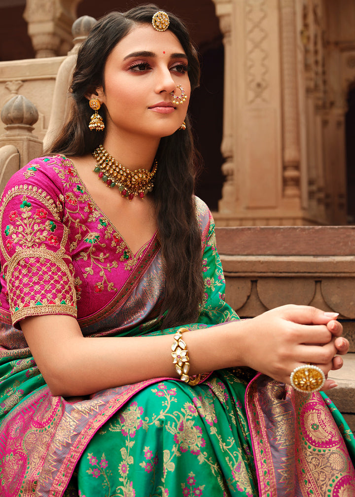 Green And Pink Woven Banarasi Silk Saree With Embroidery Designer Blouse