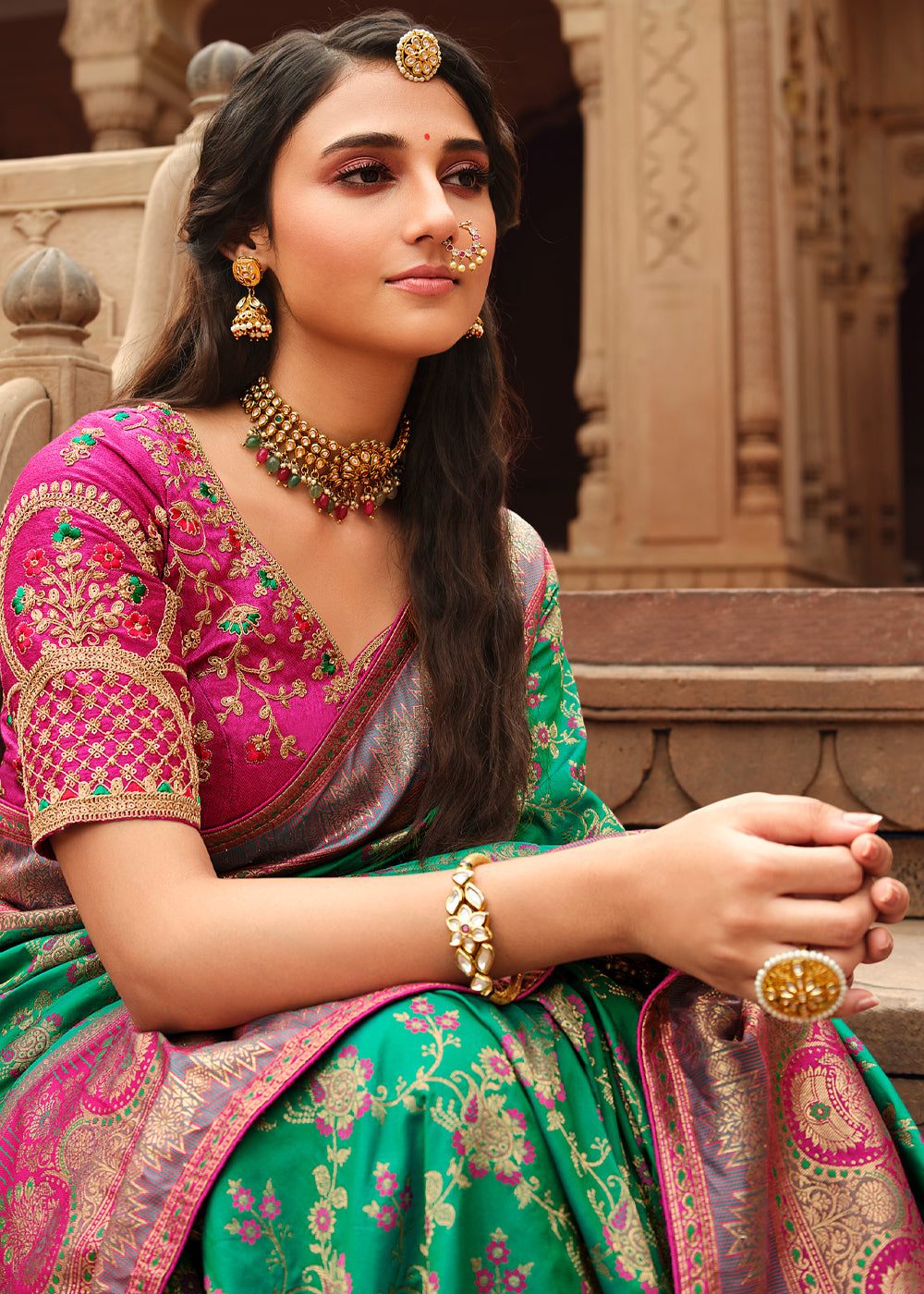 Deep Pink And Green Zari Enhanced Silk Saree With Blouse Piece –  paanericlothing