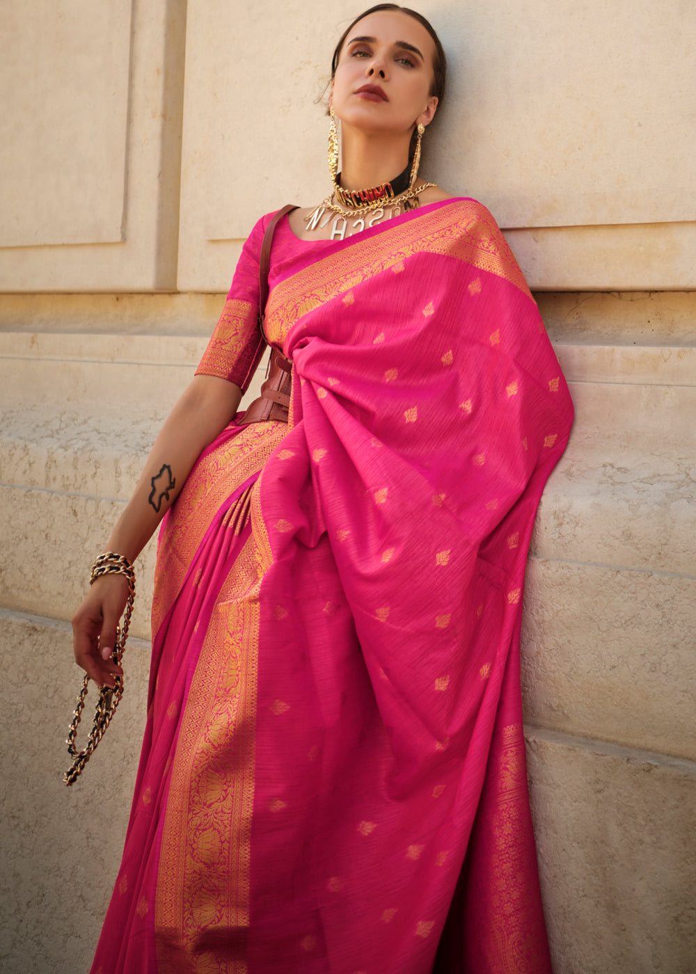 Dark Pink Handloom Weaving khadi silk saree