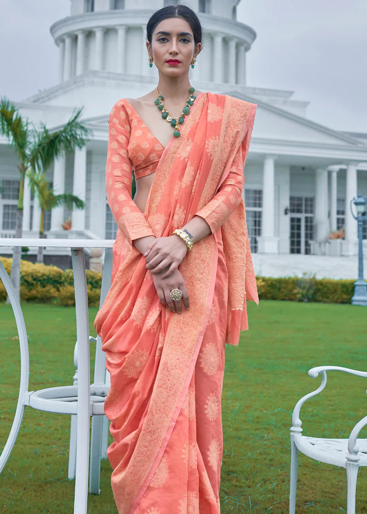 Orange Peace Woven Lucknowi Chikankari Silk Saree