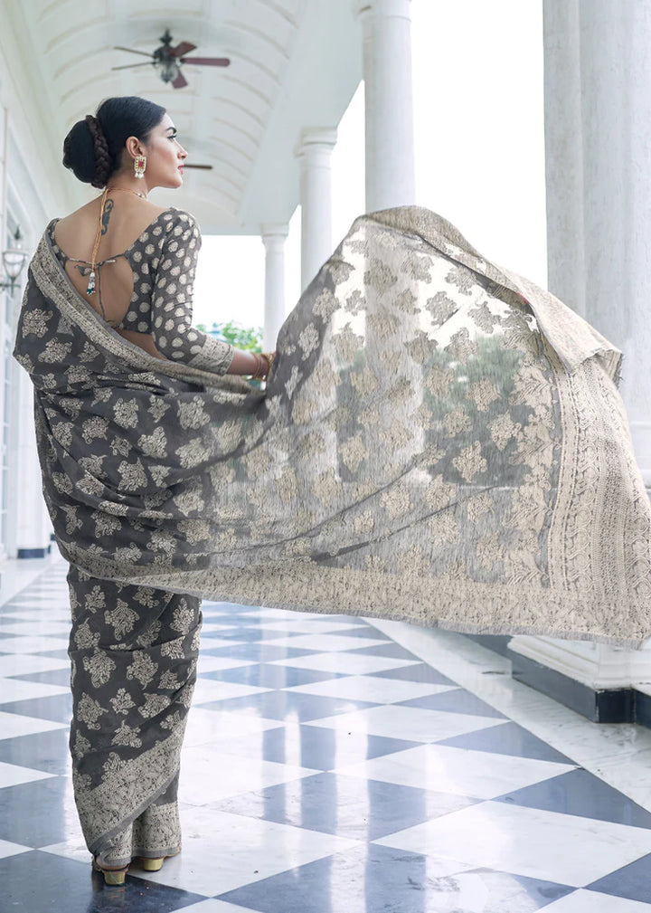 Charcoal Black Woven Lucknowi Chikankari Silk Saree