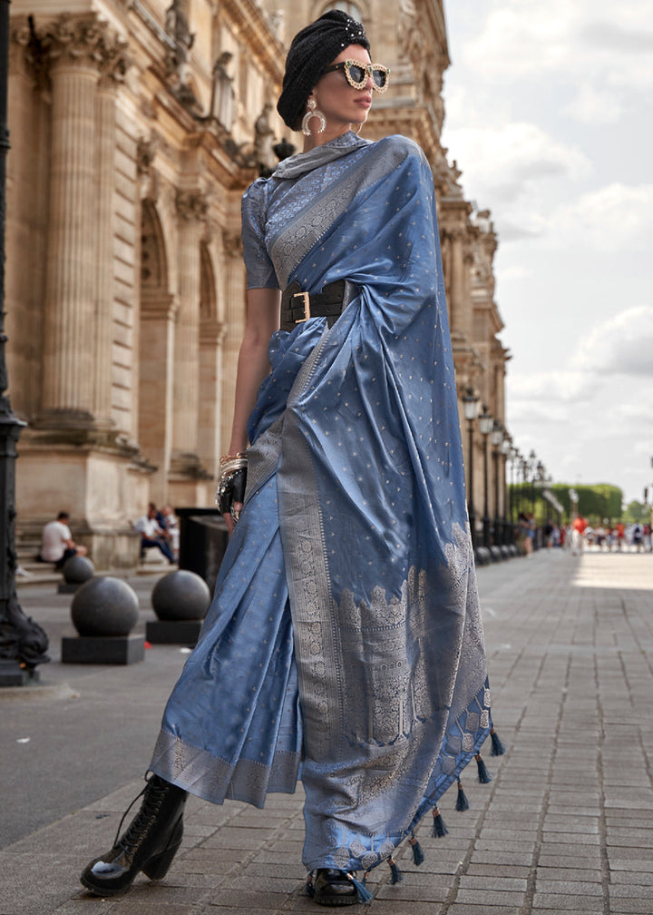 Greyish Blue woven Satin silk saree with brocade blouse