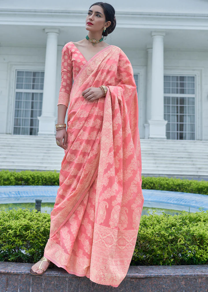 Flamingo Pink Woven Lucknowi Chikankari Silk Saree