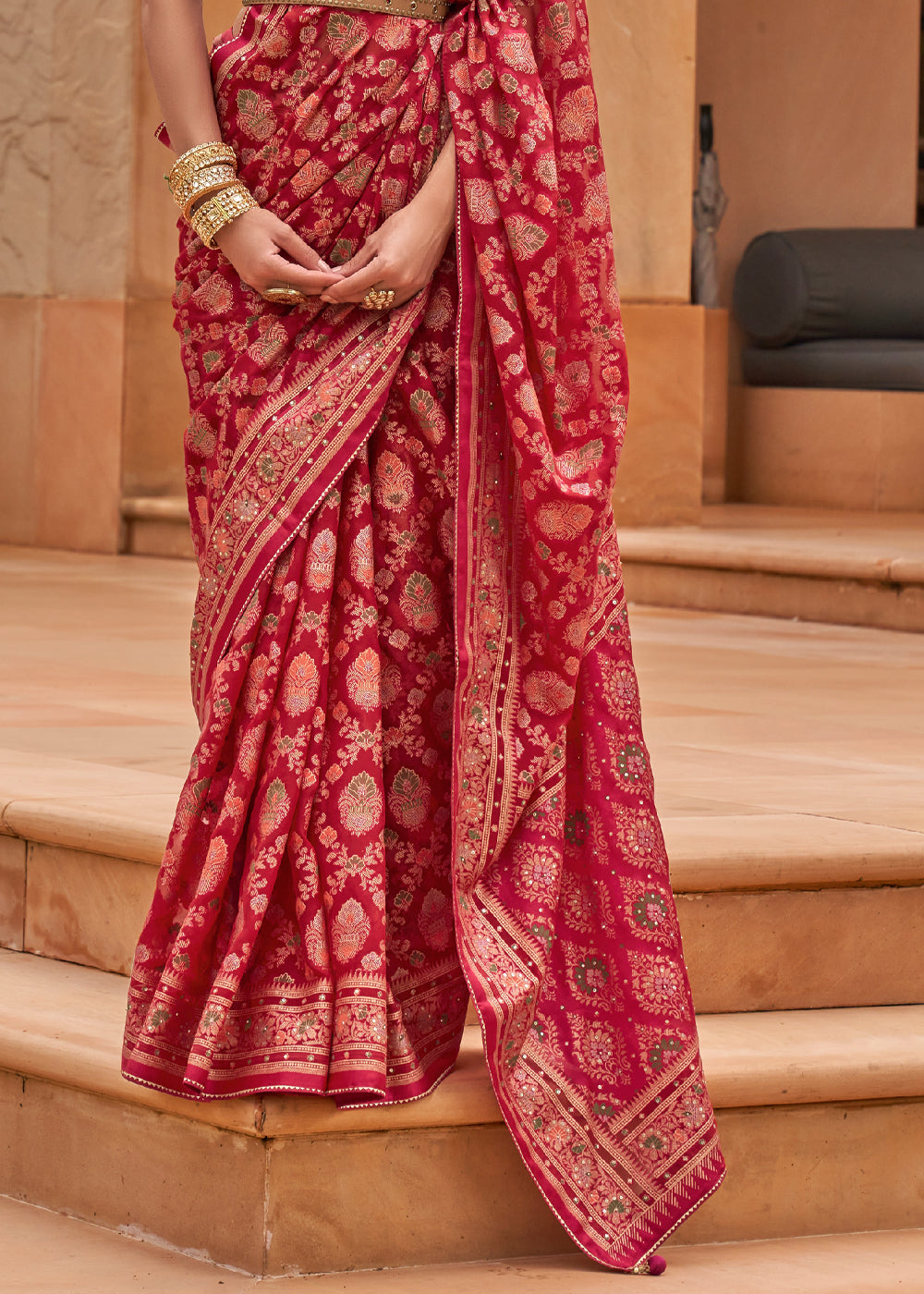 Cherry Red Woven Brasso Silk Saree With Blouse